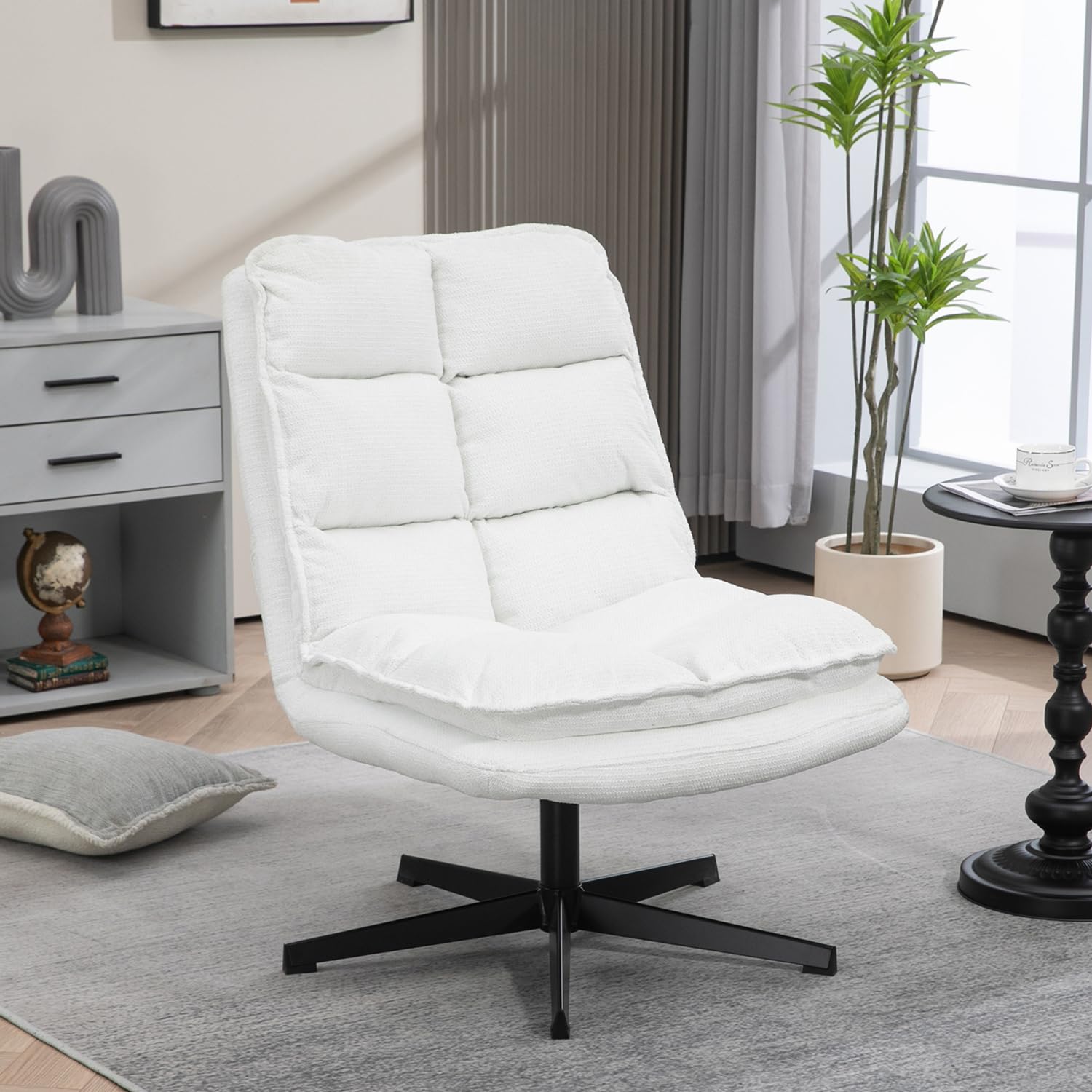 MEUBLE COSY Poltrona Imbottita Girevole a 360° Sedia da Salotto con Braccioli Poltroncina Relax con Schienale Pieghevole per Camera da Letto Soggiorno, Bianco, 65x79.5x85cm