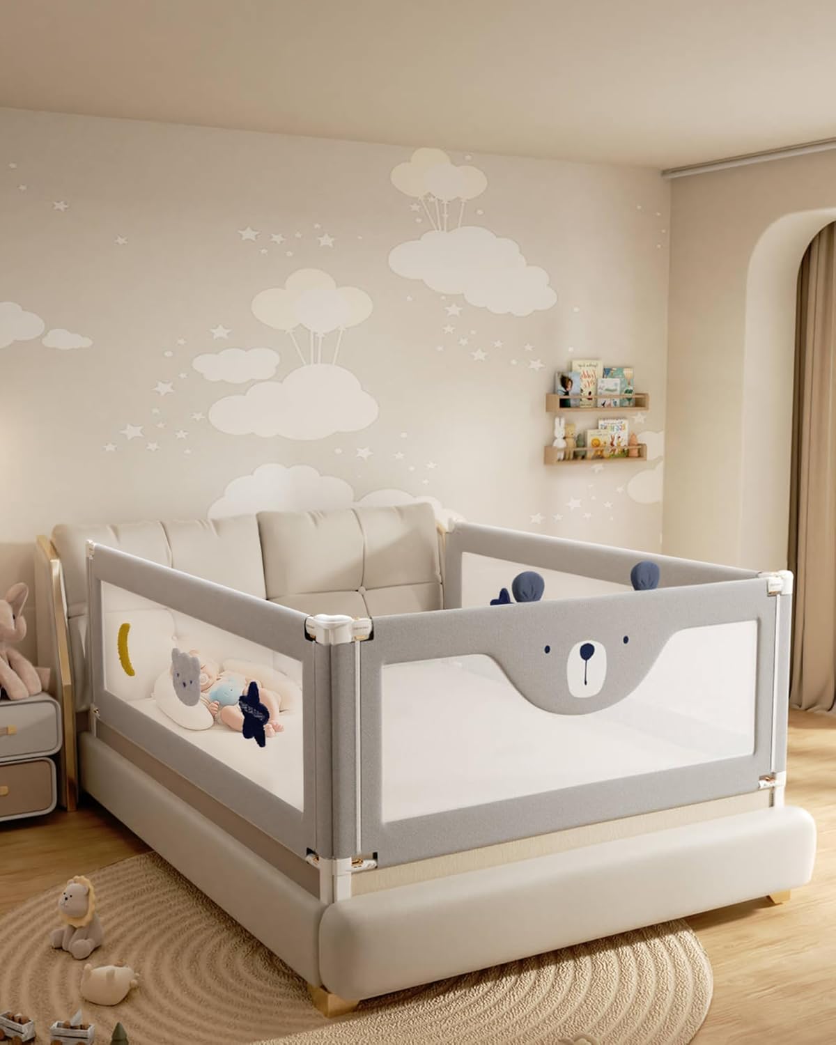 3 Piece Bed Rails for Queen Bed, No-Drill Needed Baby Bed Rail Guard for Toddlers with Height Adjustable, Thickened Child Safety Side Railing Guards/Bedrail for Kids, Grey Bear Design, 60x78.7x78.7in 3 Sides for Queen Size(No-Nail Required) Grey Bear
