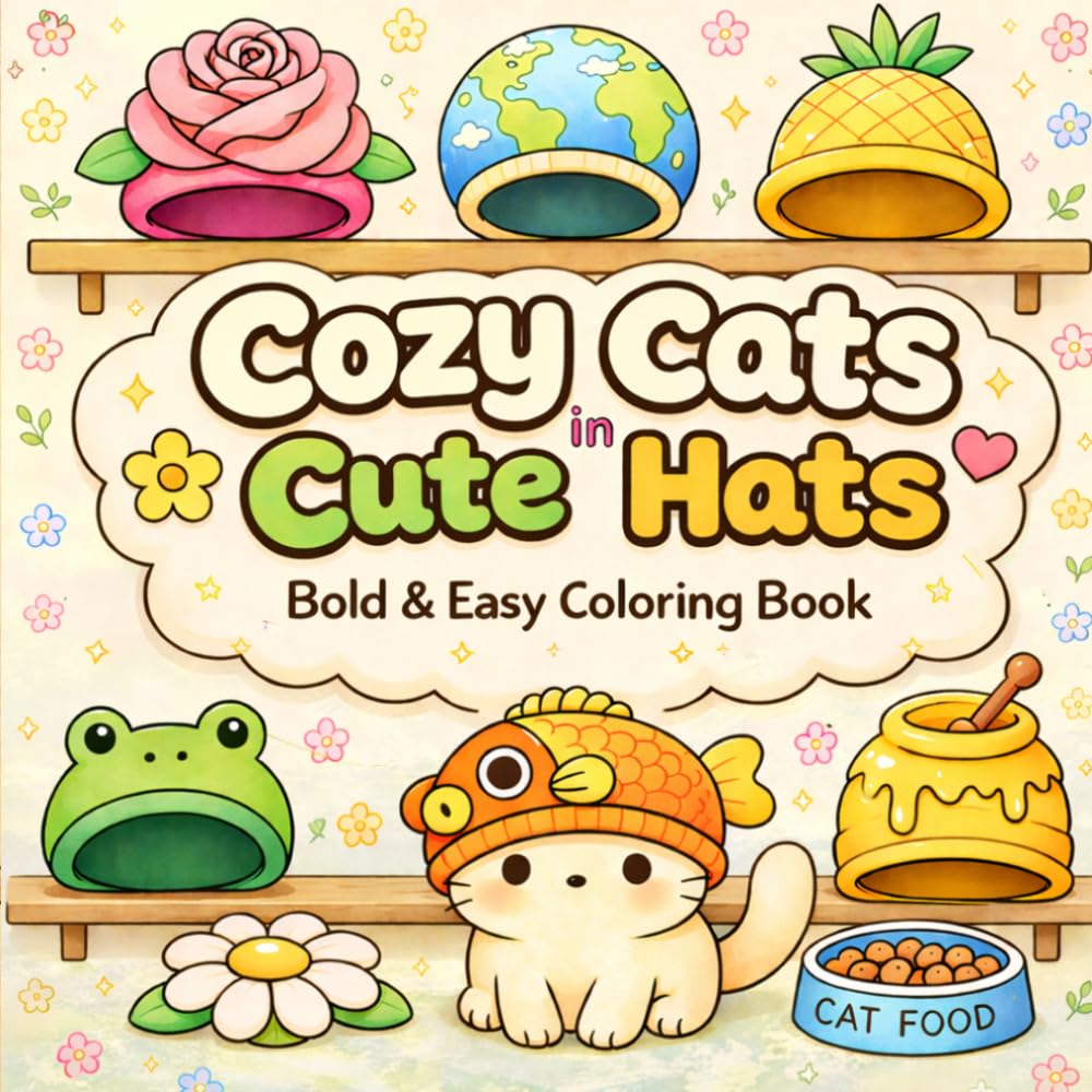 Cozy Cats with Cute Hats: Bold and Easy Coloring Book for Adults and Teens | Simple, Relaxing, Cute Designs