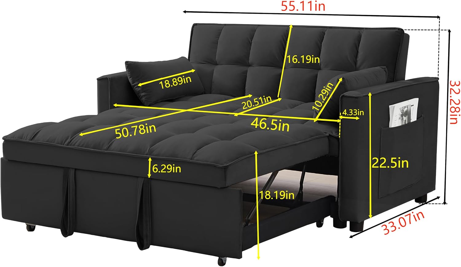Convertible Sleeper Sofa Bed, 3 in 1 Modern Velvet Loveseat Futon Sofa Couch with Pullout Bed Reclining Backrest Toss Pillows Pockets for Living Room(Black)