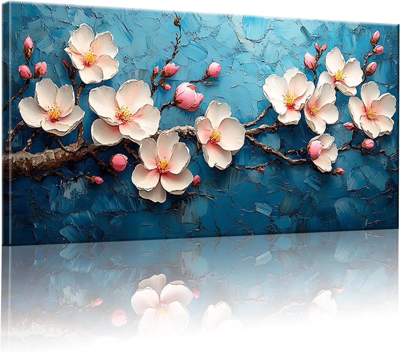 GYJAGHL Cherry Blossom Wall Art Canvas, White Flowers on Blue Background, Living room Bedroom Office Modern blue mural Floral Painting Home Decor 20" x 40" Blue Pink Flower 40L" x 20W"