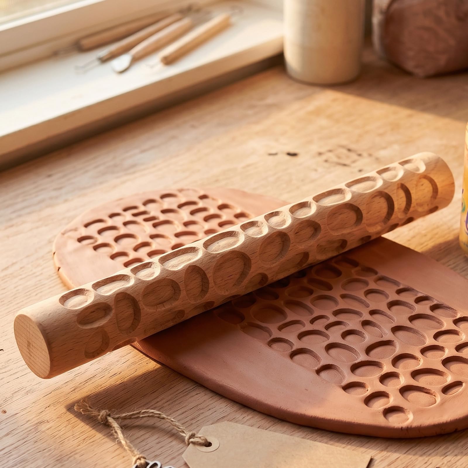 Juego de 10 Piezas de Rodillos de Madera para Arcilla Polimérica Mango de Madera y Patrones Tallados a Mano para Estudios de Cerámica y Proyectos DIY