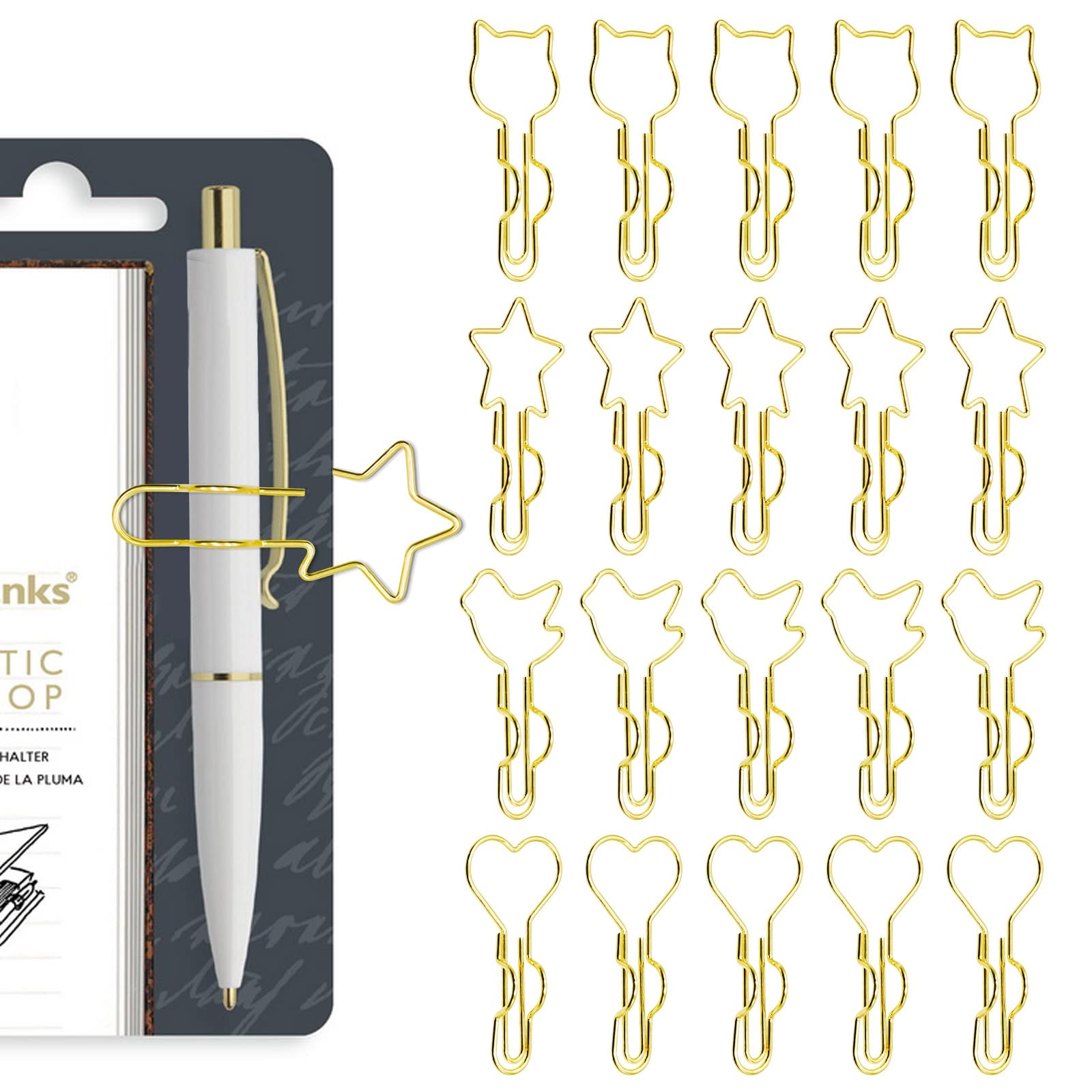 20Pcs Cute Metal Pen Clips Hearts Stars Cats Pigeons Shape Pen Clips Holder for Notebooks Bookmarks Book Clips Multi Function Large Paper Clip Stationery Tool for Home Pocket Office