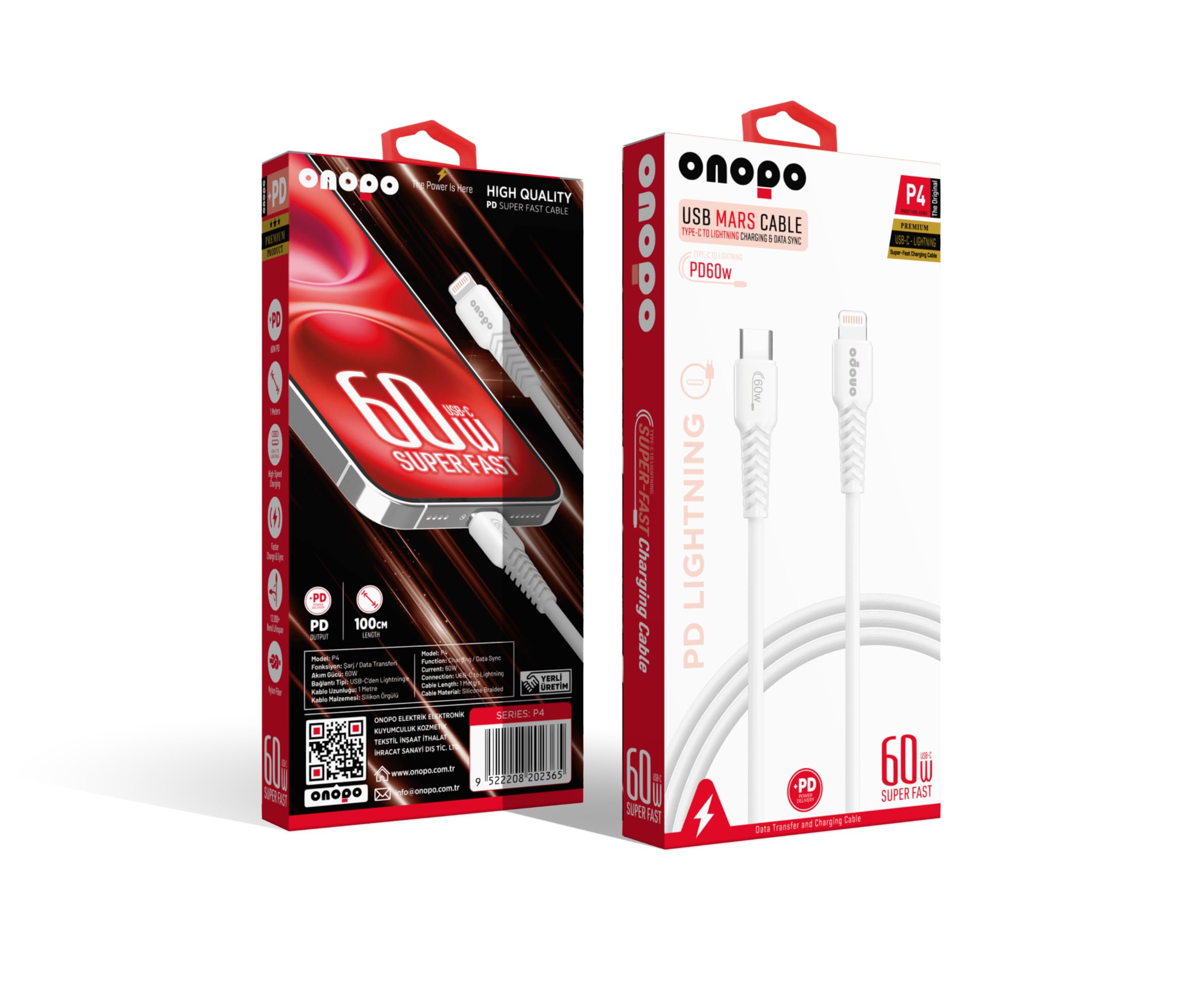 Onopo iPhone Uyumlu Type-C to Lightning 20W PD Hızlı Şarj ve Data Kablosu 1 Metre - P4 | 8 Pinli Smart Kablo | Beyaz