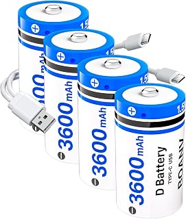 4PCS 3600mAh Rechargeable Lithium D Batteries with 2 in 1 USB Cable, LR20 1.5V D Size Cell Battery Replacement 5400mWh for Floodlight Toys