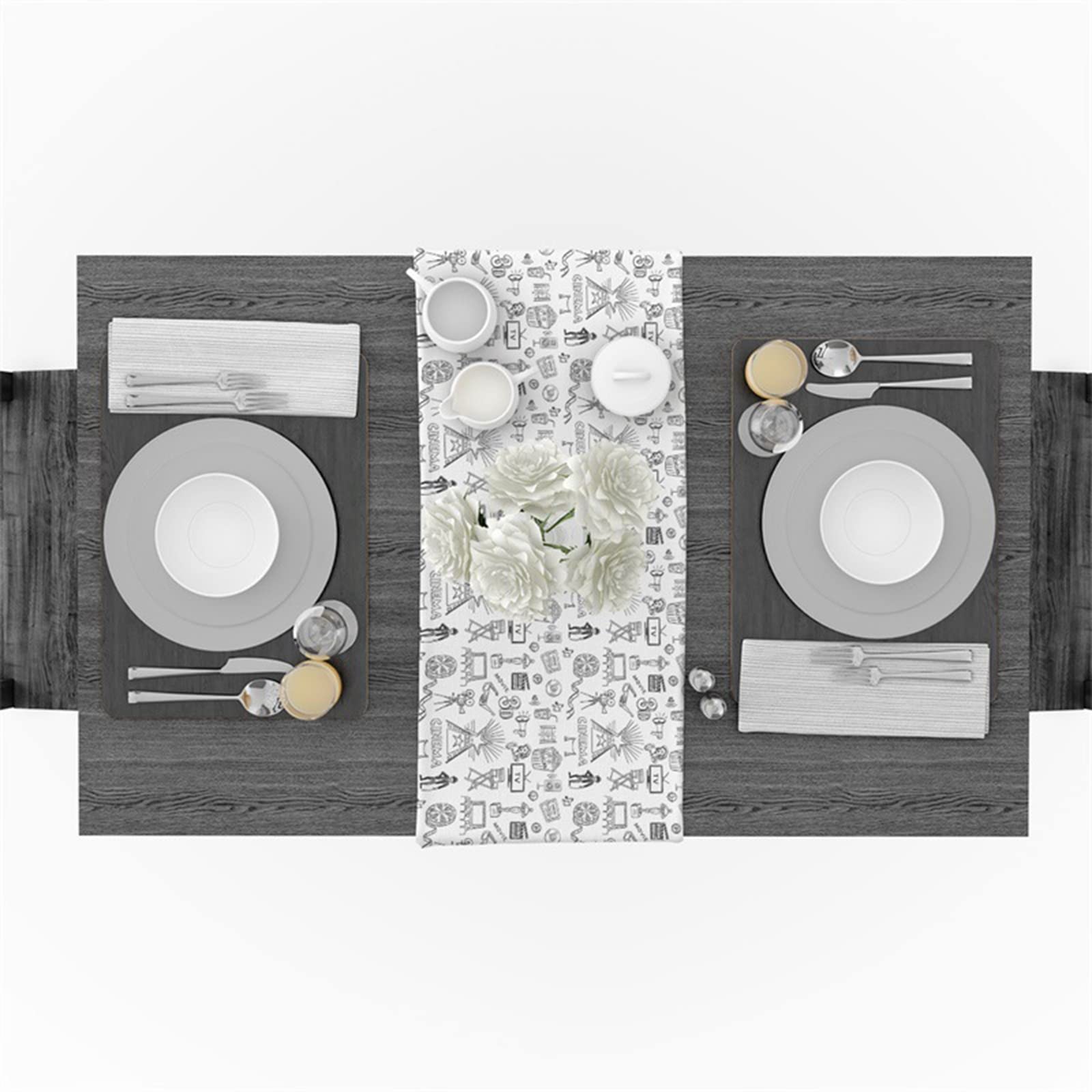 Chemin de table coton lin blanc gris 33x178cm WXKAGF - 4
