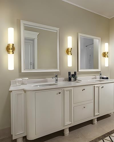 Miniatura 2 de Lámparas de baño doradas, 2 luces de tocador de baño sobre espejo, modernos apliques de pared de baño, lámparas de pared doradas con pantalla de