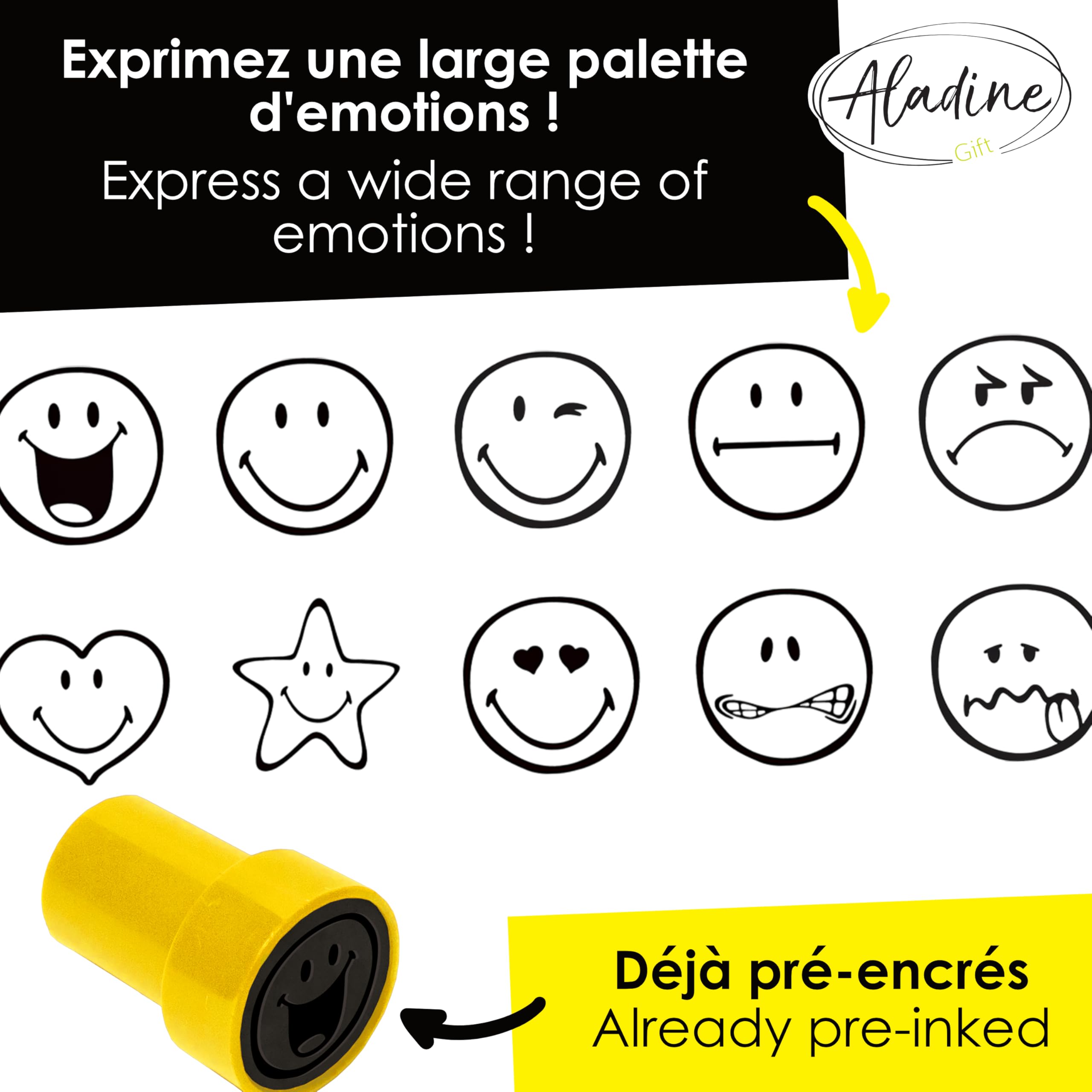 Aladine- STAMPO Easy Smiley 10 Encreurs World Smile Rigolo Emoji-Idéal comme Enseignants, Professeur & Maitresse d’École-Tampons Parents