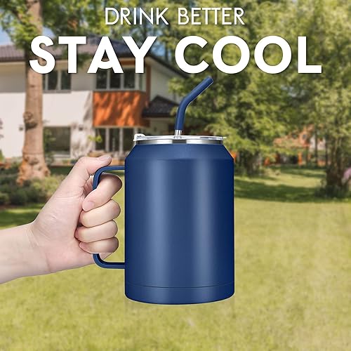 Miniatura 6 de zenbo - Vaso de acero inoxidable aislado al vacío con asa, tapa y popote, mantiene las bebidas frías hasta 36 horas, cuerpo a prueba de sudor, apto