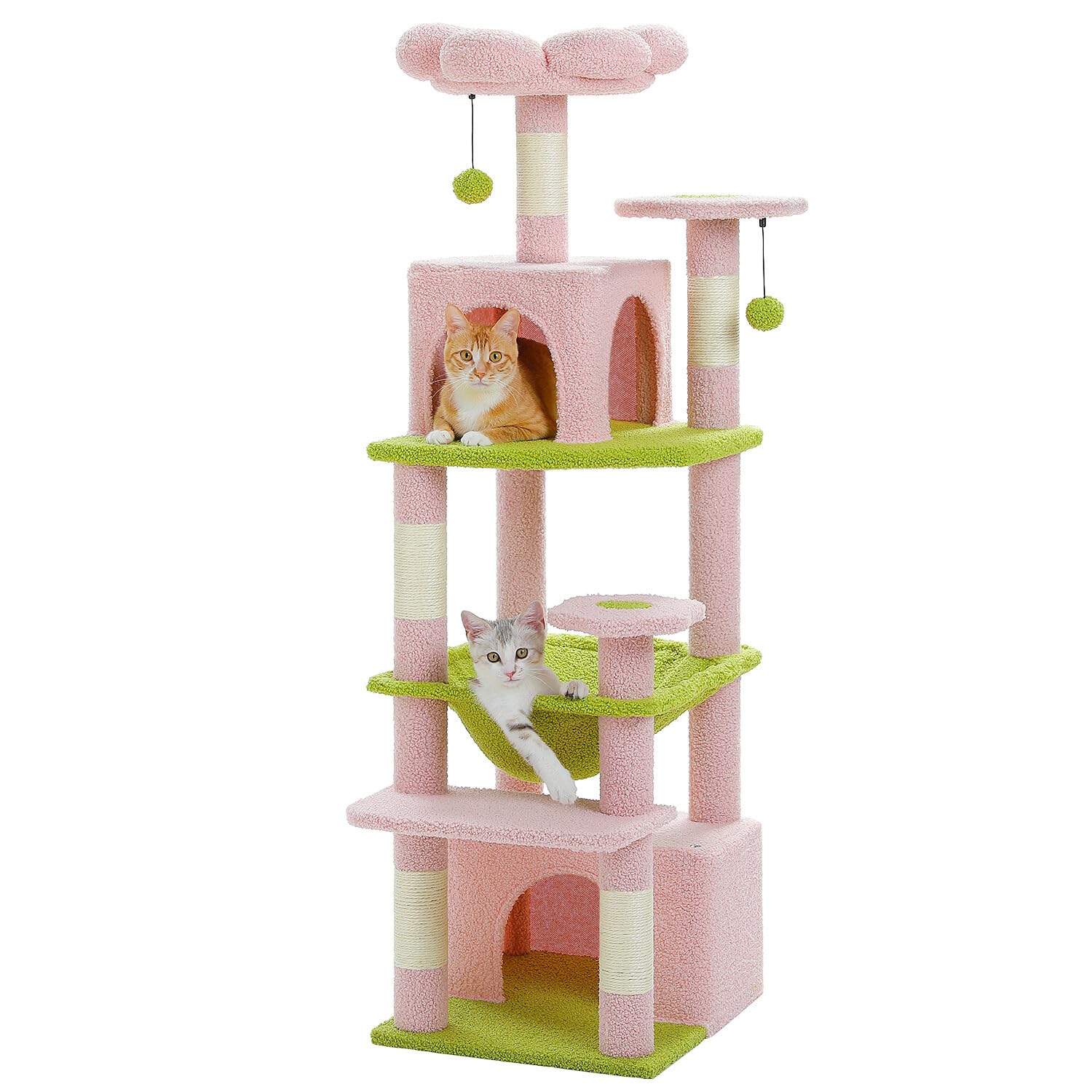 PAWZ Road Multi-Level Cat Tree with 2 Cat Condos, 5 Sisal Scratching Posts, Pink, 136cm Tall, 5 Levels, Indoor, Large Breeds - 136cm - Pink