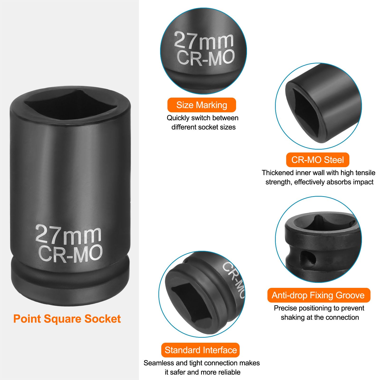sourcing map Lot de 3 douilles carrées à 4 points - Entraînement de 3/4" - 27 mm - Douille à choc carrée CR-MO - Manchon de roue standard - Outil pour réparation automobile, entretien mécanique