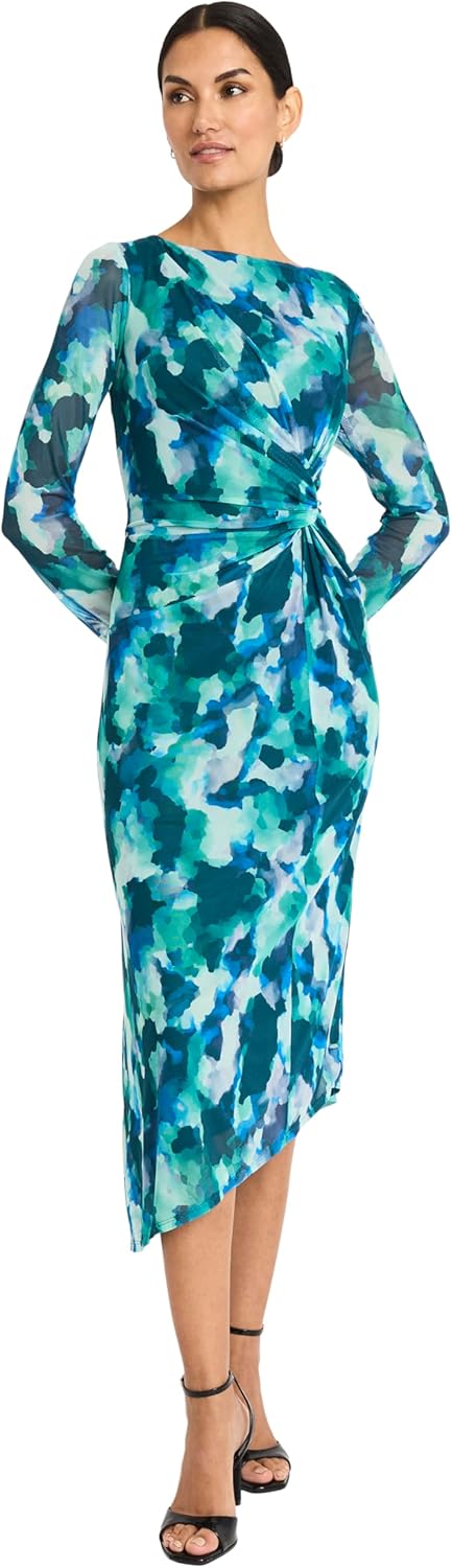 Maggy London Womens Modern Side Ruched Boat Neck Asymmetrical Hem - Long Sleeve Special Occasion Midi Dress - Image 2