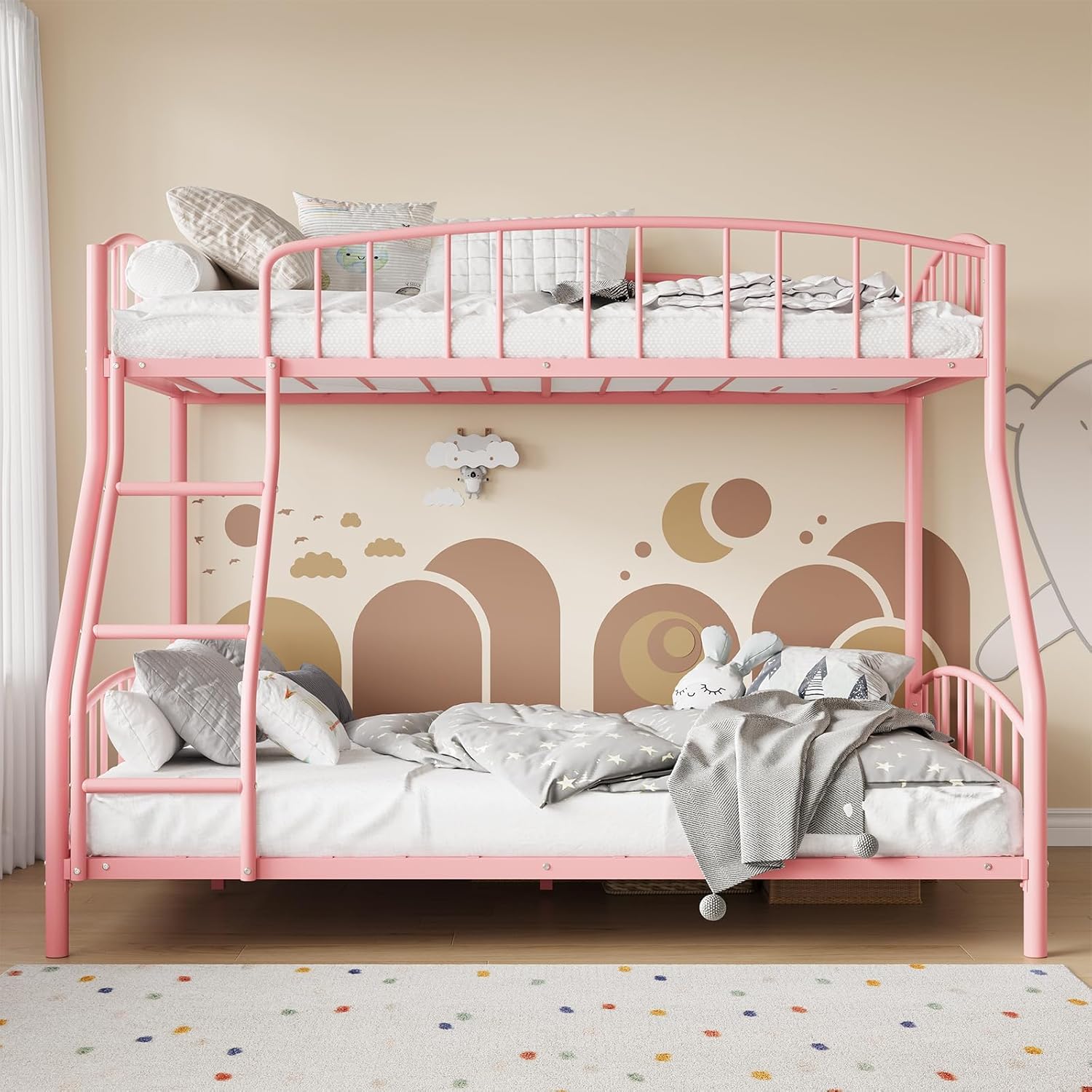 Garvee Bunk Bed Twin Over Full with Ladder and Arched Guardrail, Heavy Duty Bunkbeds Frame with Sturdy Steel Slats Support for Kids Boys Girls, Space-Saving, No Box Spring Needed, Pink
