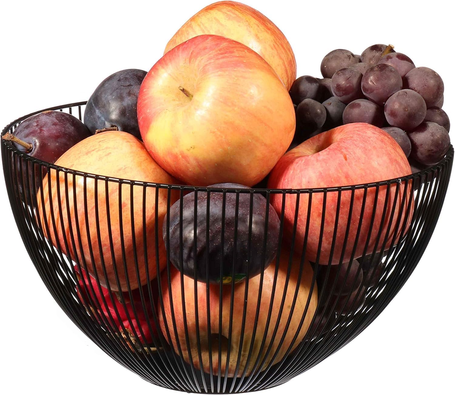 Round Metal Wire Fruit Basket for Kitchen Counter | Rust-Proof Black Fruit & Vegetable Bowl | Breathable Non-Slip Storage Basket for Fruits, Veggies, Bread & Snacks | Modern Table Organizer