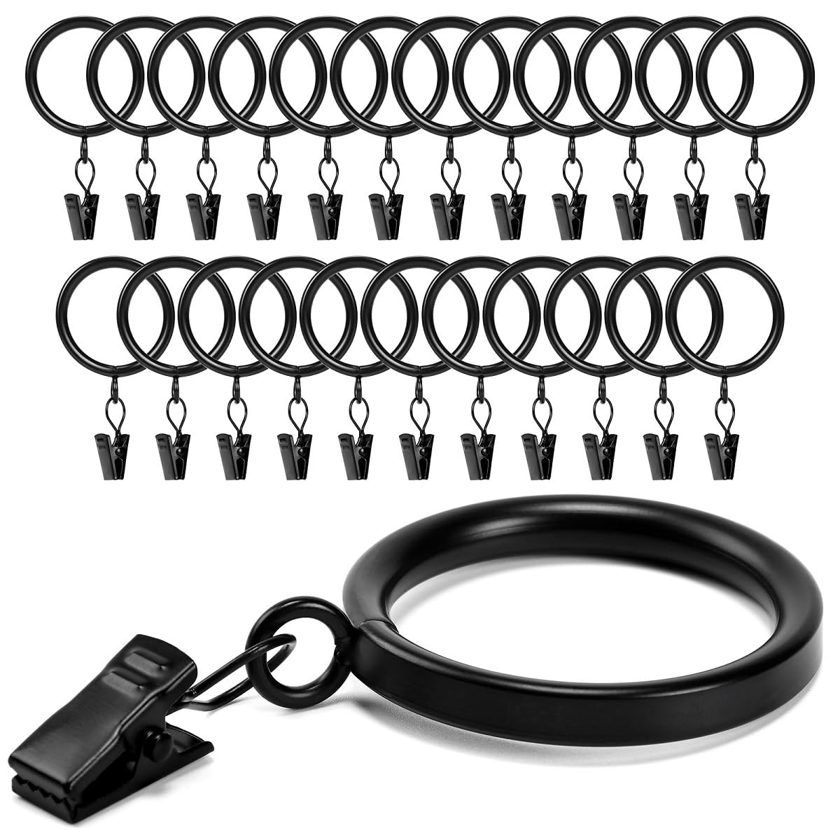 Lot de 24 anneaux de rideau avec clips - Diamètre intérieur : 3,8 cm - Convient pour une tringle jusqu'à 3,1 cm - Noir