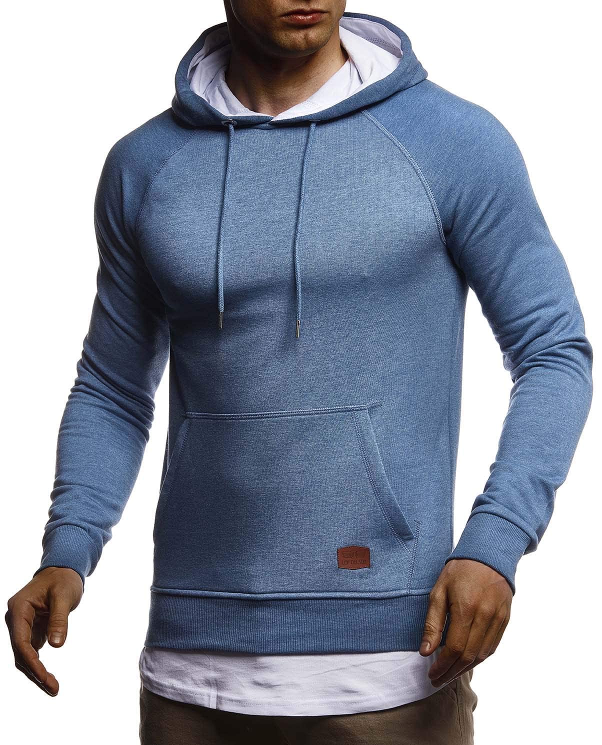 Leif Nelson Herren Kapuzenpullover Slim Fit Baumwolle-Anteil Moderner weißer Herren Hoodie-Sweatshirt-Pulli Langarm Herren Pullover-Shirt mit Kapuze LN8153 Indigo Melange Large