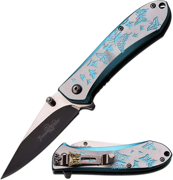 Femme Fatale – Spring Assisted Open Folding Pocket Knife – Black/Satin Finish Stainless Steel Blade, Blue/Silver Aluminum Handle w/ Butterflies, Pocket Clip, EDC, Self Defense – FF-A010LB