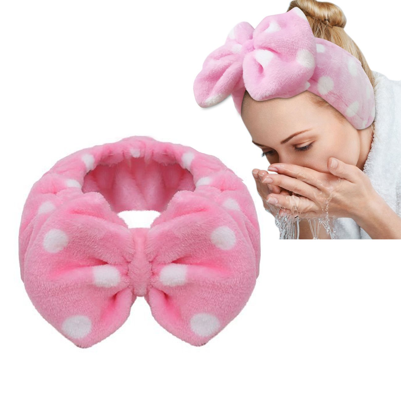 Women Fashion Lovely Soft Fleece Bow Makeup Cosmetic Shower Elastic Hair Band Hairlace Headband for Washing Face Shower Spa Mask (Pink)