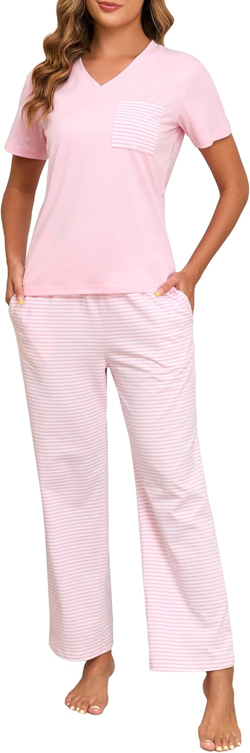 Donnalla Women's Pajama Sets Cotton 2 Piece Lounge Set V Neck Short Sleeve Pj Set Comfy Loungewear Sleepwear with Pocket