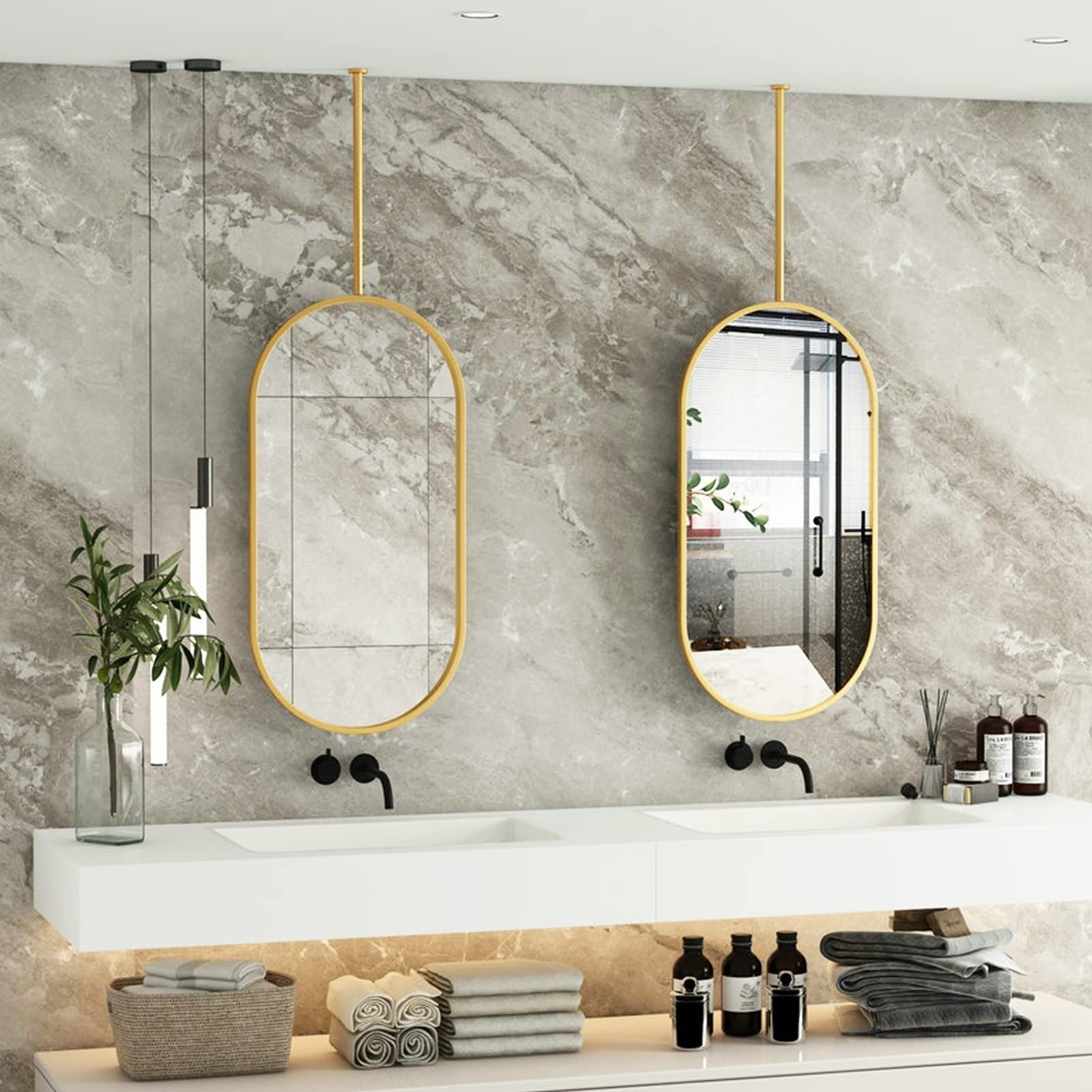 Miroir ovale HD flottant en métal doré chic pour salle de bain