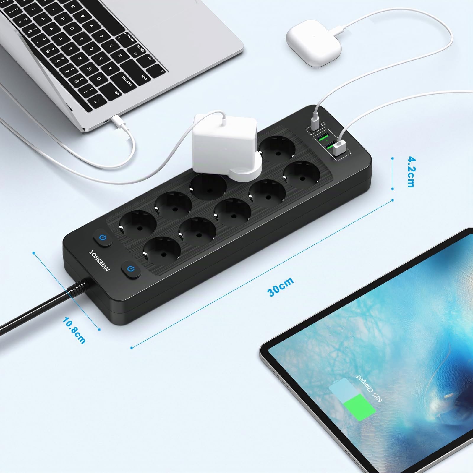 NVEESHOX 10 Fach Steckdosenleiste mit USB C 20W,5M Kabel Verteilersteckdose
