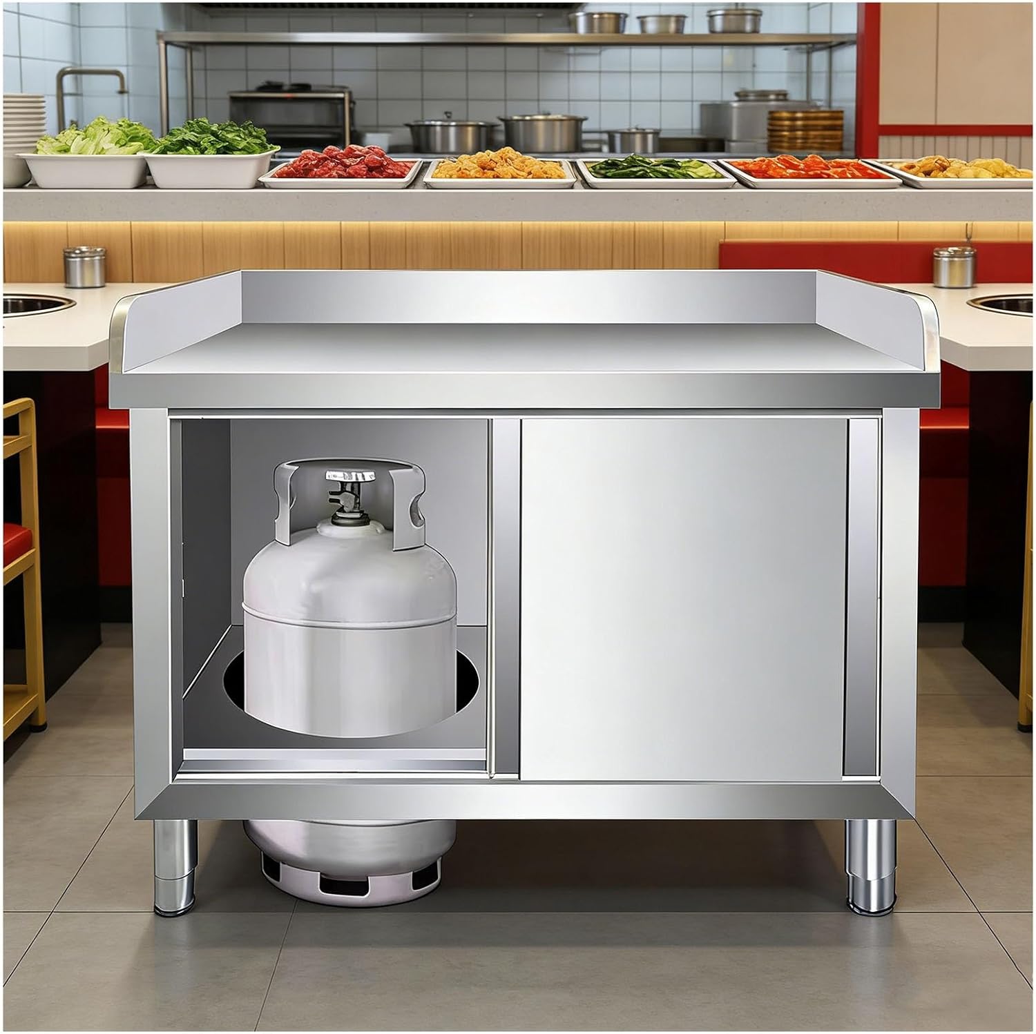 Three-Sided Workbench with Stainless Steel Sliding Doors Worktable Fully Welded Construction Spacious Storage for Gas Cylinders Metal Kitchen Prep Counter Adjustable Feet(100x60x80cm)