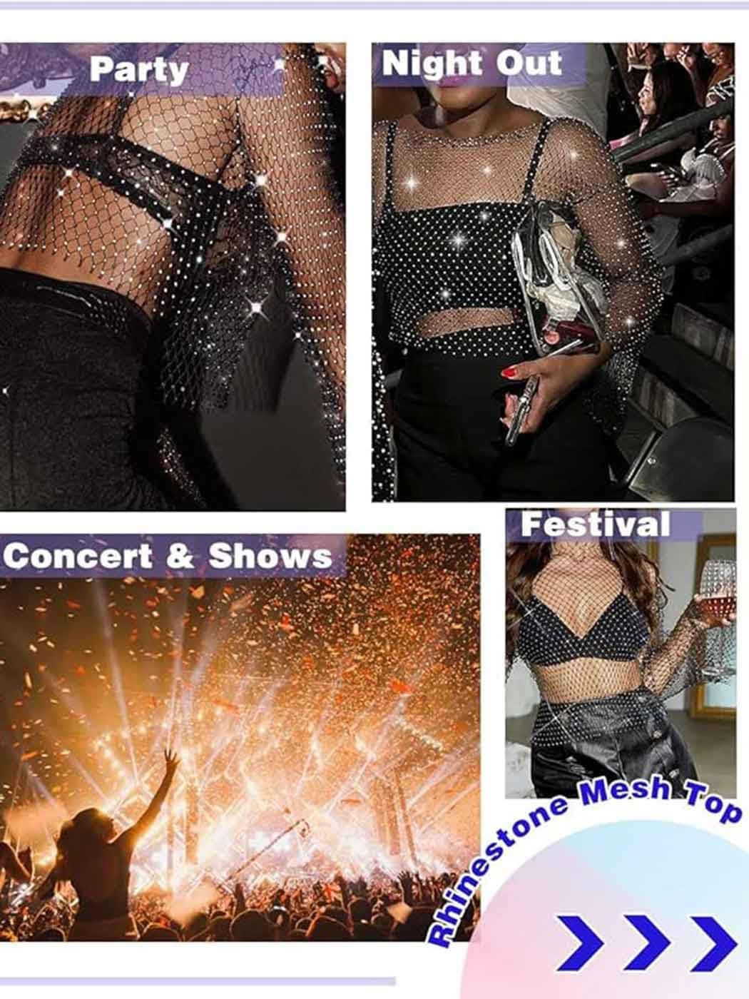 Asooll Rhinestone Mesh Tops Black See Through Sparkly Fishnet Crop Top for Women - Image 7