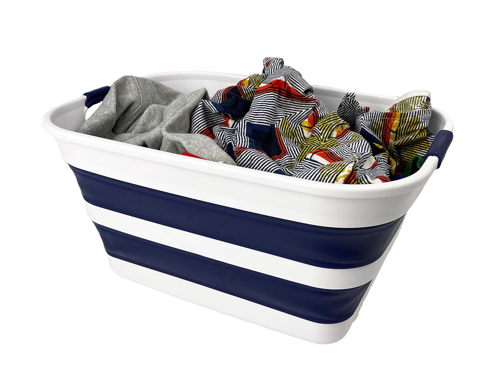 SAMMART Collapsible Plastic Laundry Basket with Handle/Foldable Pop Up Storage Hamper/Portable Laundry Organizer-Space Saving Washing Tub/Household Storage (White/Starry Blue, 27L)