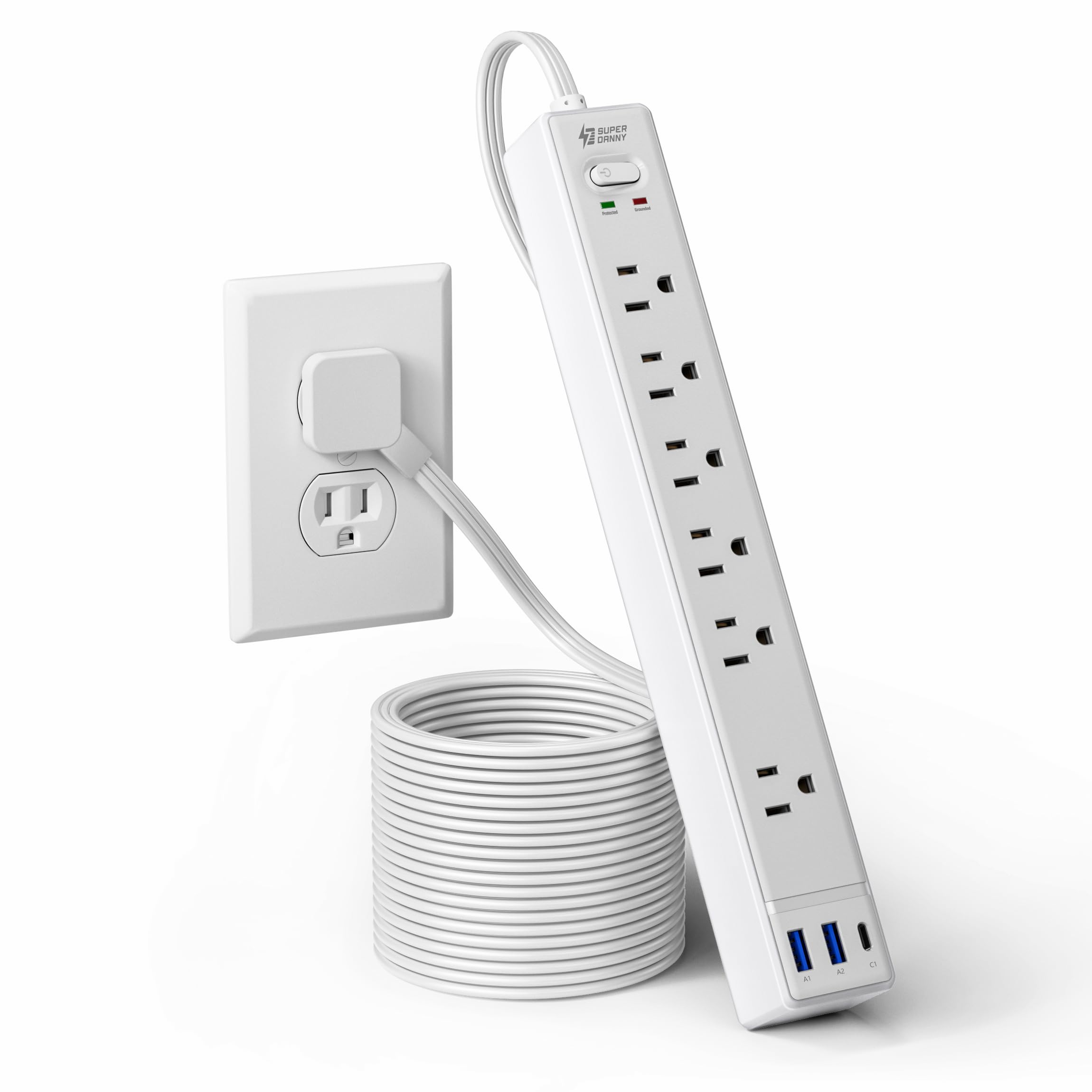 Photo 1 of 10Ft Extension Cord with Multiple Outlets, SUPERDANNY Flat Plug Surge Protector Power Strip 10 Ft Long Cord, 6 Outlets & 3 USB Ports, Charging Station for Home Office, College Dorm Room Essentials