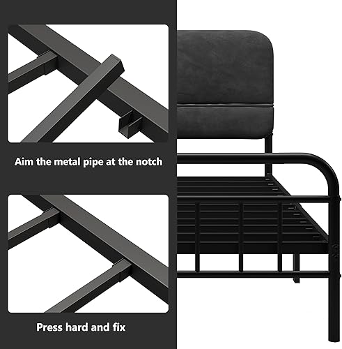 Miniatura 5 de Base de cama metálica de 14 pulgadas, base de cama tamaño Queen con cabecera tapizada, base de colchón resistente y de alta capacidad, fácil
