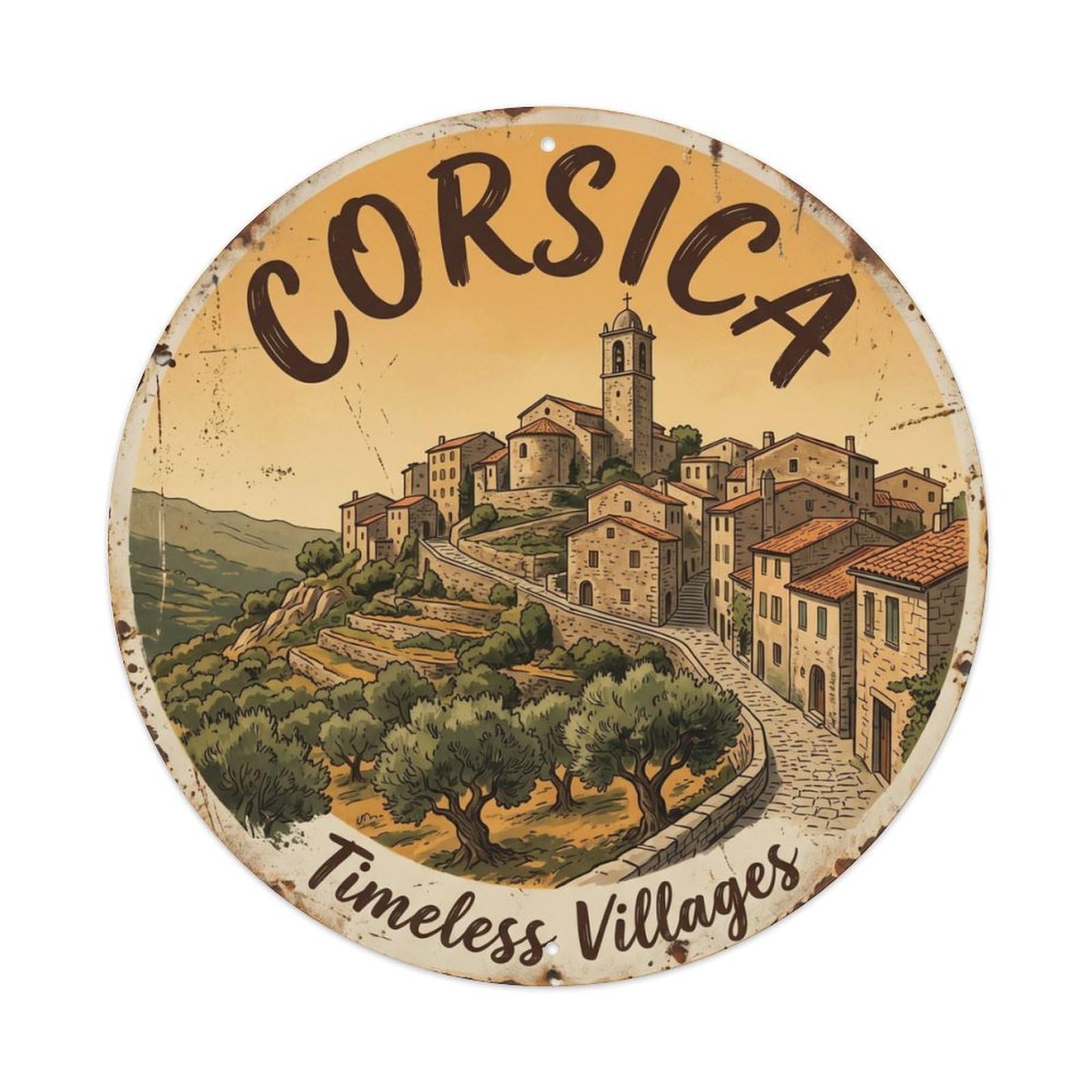 Vintage Travel Corsica Village France Metal Tin Sign Plaque Wall Decor for Cafe, Club, Garden Round Metal Poster 8x8Inch