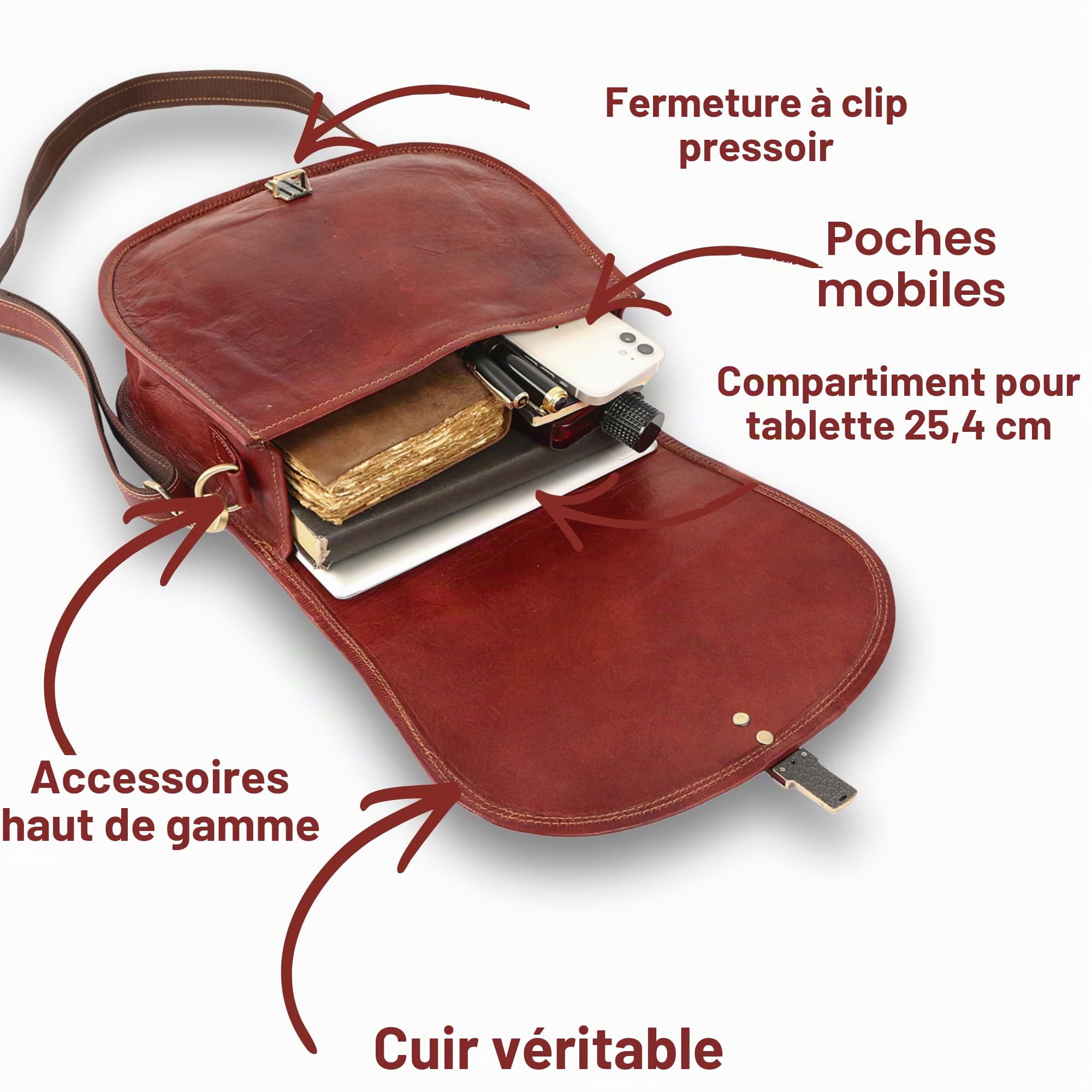 URBAN LEATHER Sac à bandoulière en cuir véritable pour femme - Style bohème hippie - Fait à la main - Vintage - Pour voyage