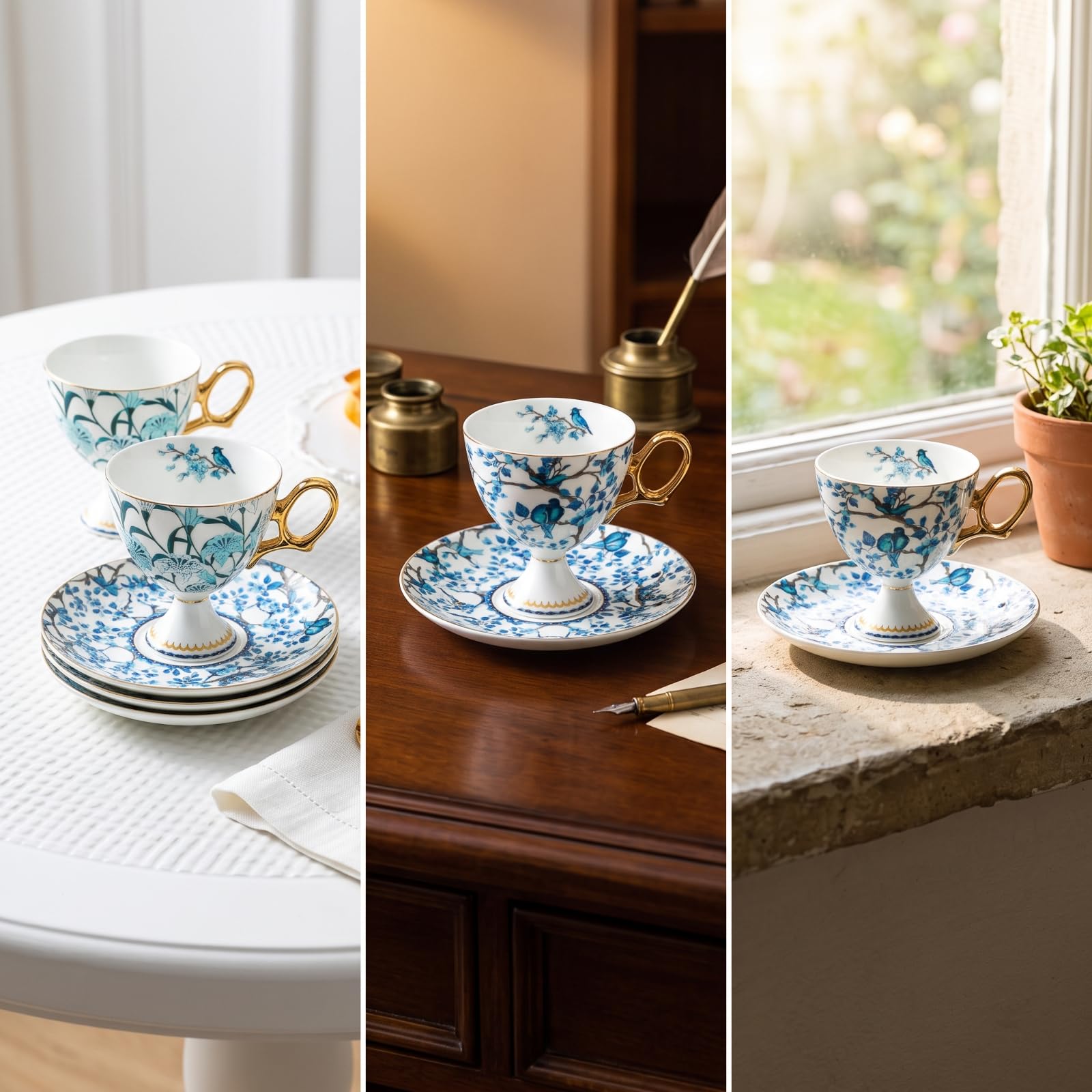 harayaa Juego de Tazas de Té con Platillos Tazas Platillos Cucharillas Cerámica con Florales y Aves Tono Dorado 220 Ml Adecuado para Té Sala de Estar Colección Regalo