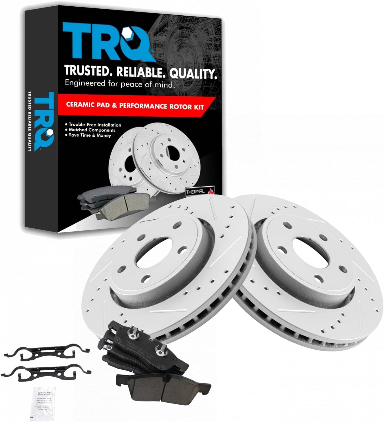 TRQ Front Performance Brake Pad & Rotor Kit Brake Pads Brake Rotors Set Ceramic Compatible with 2011-2016 Dodge Durango Jeep Grand Cherokee BKA19654