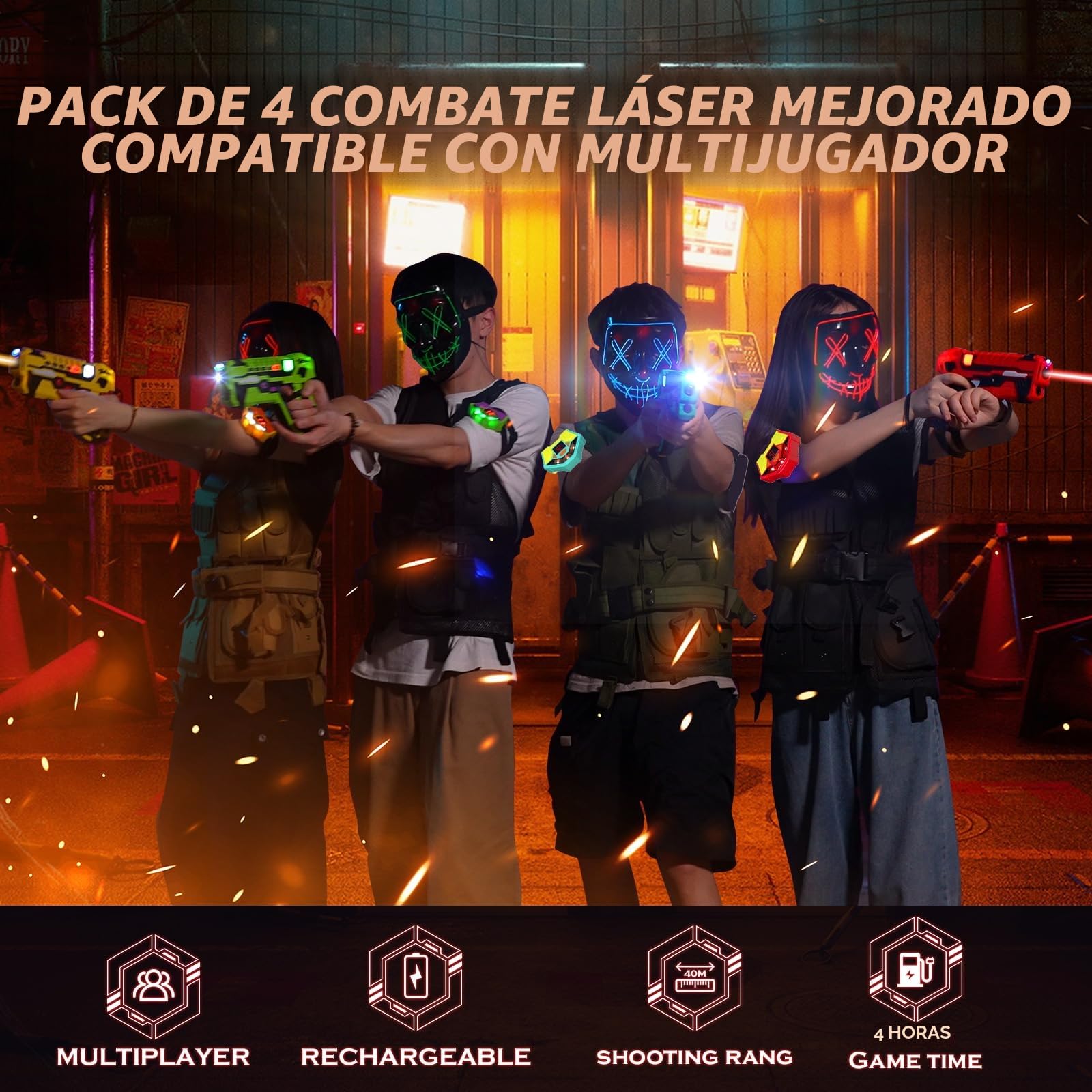 VATOS 4 Paquete Recargables Pistolas Láser – 0,9 MW Infrarrojos 2,4 GHz Sincronización de Datos Seguro Juego para Niños Grupo Familiar Actividad Interior al Aire Libre Juguete Divertido a Partir 8+