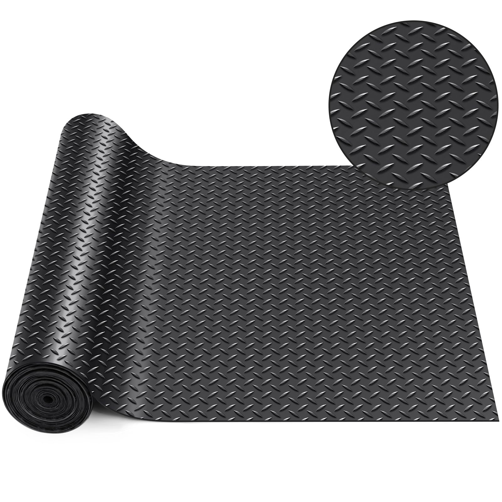 Breling 16 in x 32.8 ft Rubber Flooring Rolls Mats, Heavy Duty Diamond Plate Garage Floor Mat, PVC Water/Stain Outside Resistant Parking Rv Trailer Flooring(Black)