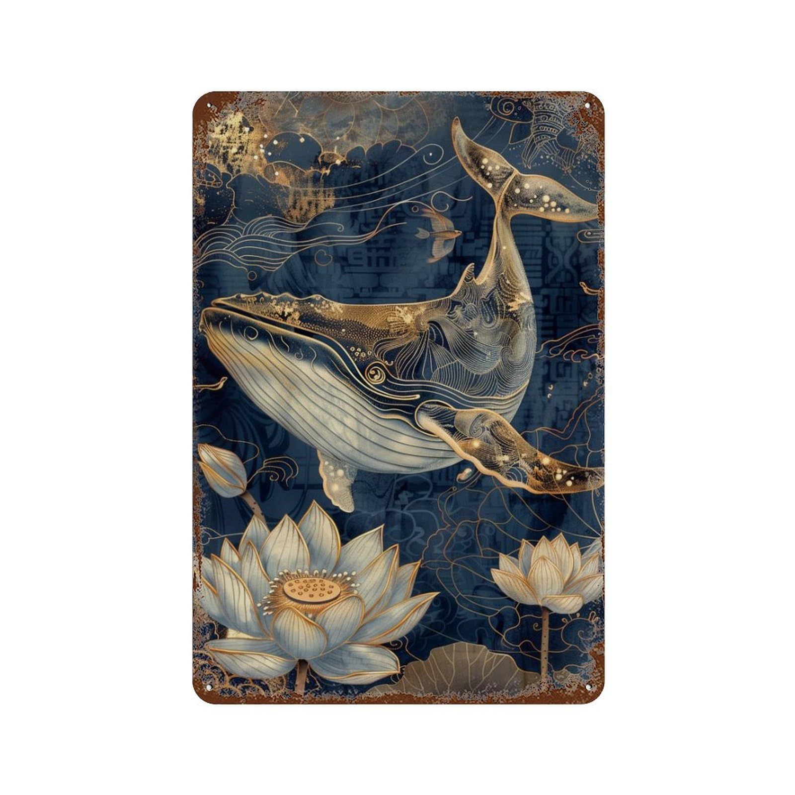 Whale Lotus Fantasy Artwork Retro Metal Sign 11.8"x7.9", Old School Wall Decor for Garage, Bar And Workshop Decor