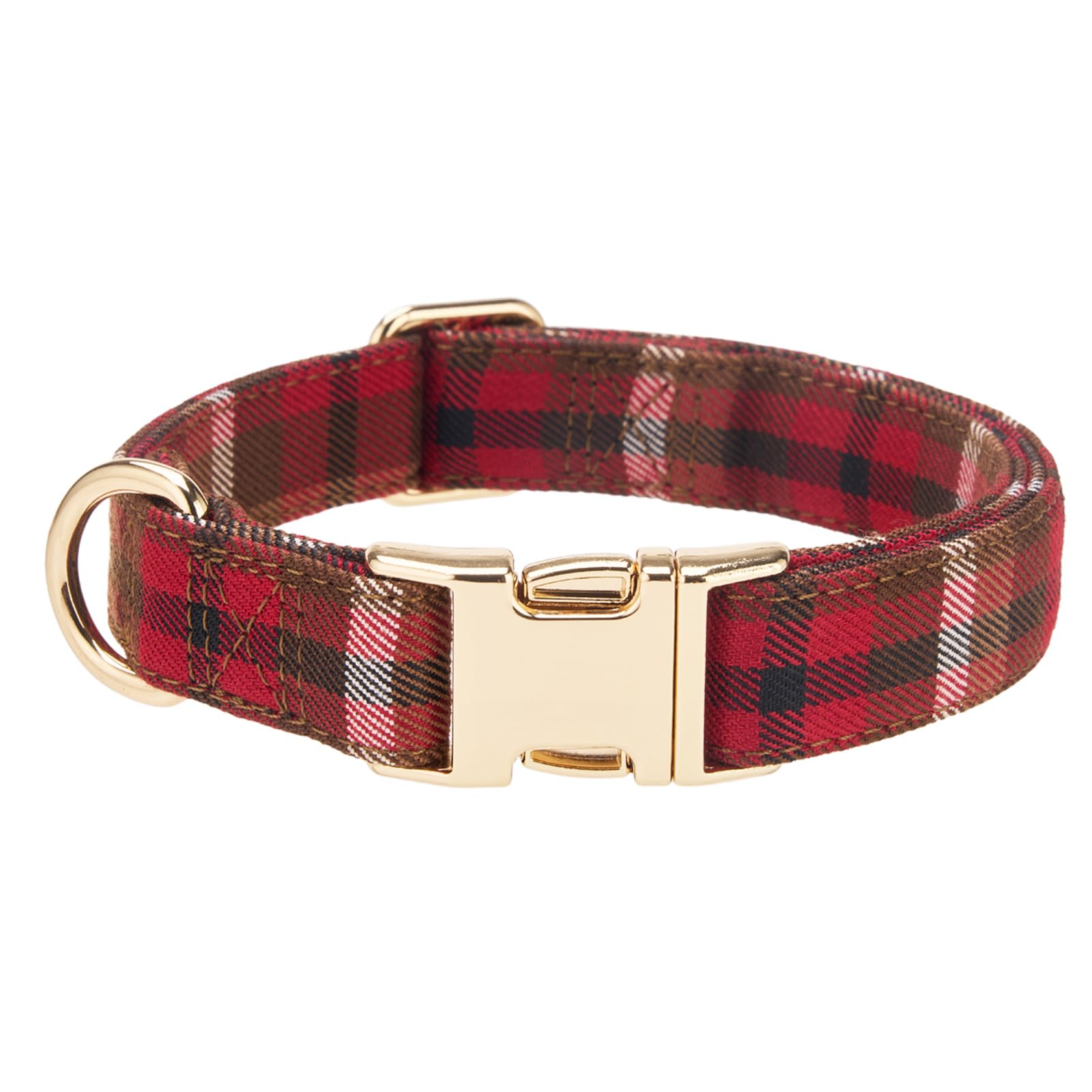 YUDOTE Red Brown Plaid Dog Collar,Bold Tartan Collar with Gold Quick Release Buckle, Soft Durable Checkered Pet Collar for Large Dogs,Eye-Catching Everyday Dog Collar(REBW,Large)
