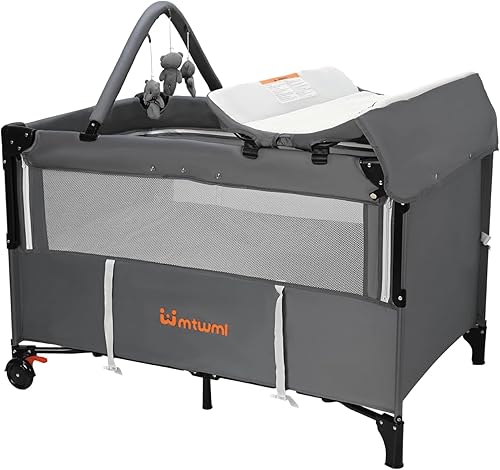 MTWML Cuna portátil para bebé, cuna 3 en 1 y patio de bebé y cambiador con ruedas, configuración de 1 segundo y centro de guardería plegable con