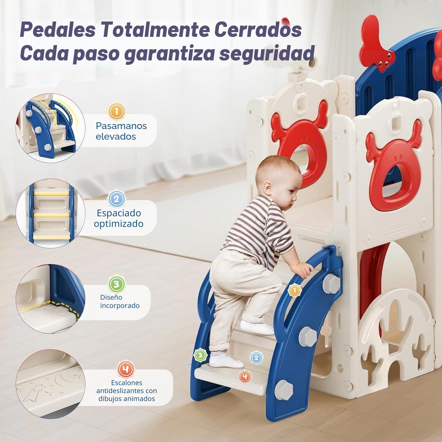 Tobogán para niños, grande con canasta de baloncesto, estructura de escalada para jardín, telescopio, espacio de almacenamiento (tobogán alce 7 en 1 – azul y rojo)