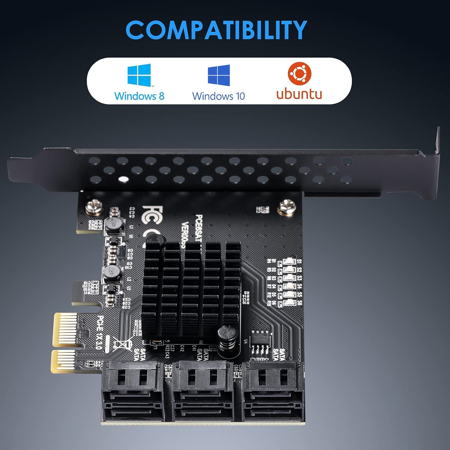 Carte D'extension PCIE SATA 6 Gbit/s PCIE 6 Ports PCIE 1X SATA, Contrôleur SATA, Chipset PCI-E 3.0 GEN3 ASM1166 - avec 6 Câbles SATA et Support Plat