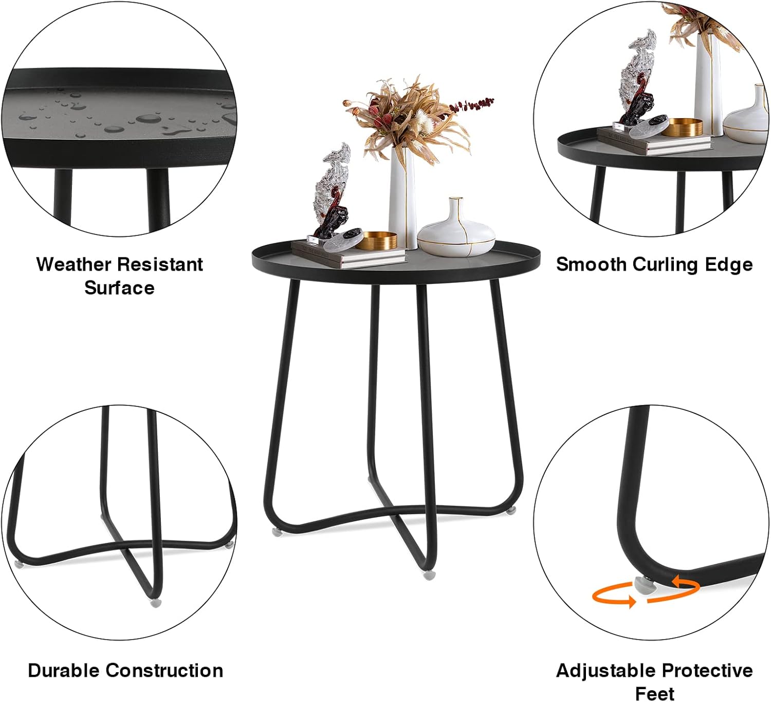 ECOMEX Patio Side Table, Round Outdoor Metal Side Table Small Sofa End Table, Patio Waterproof Accent Coffee Table for Living Room Bedroom Garden Balcony Patio(Black)