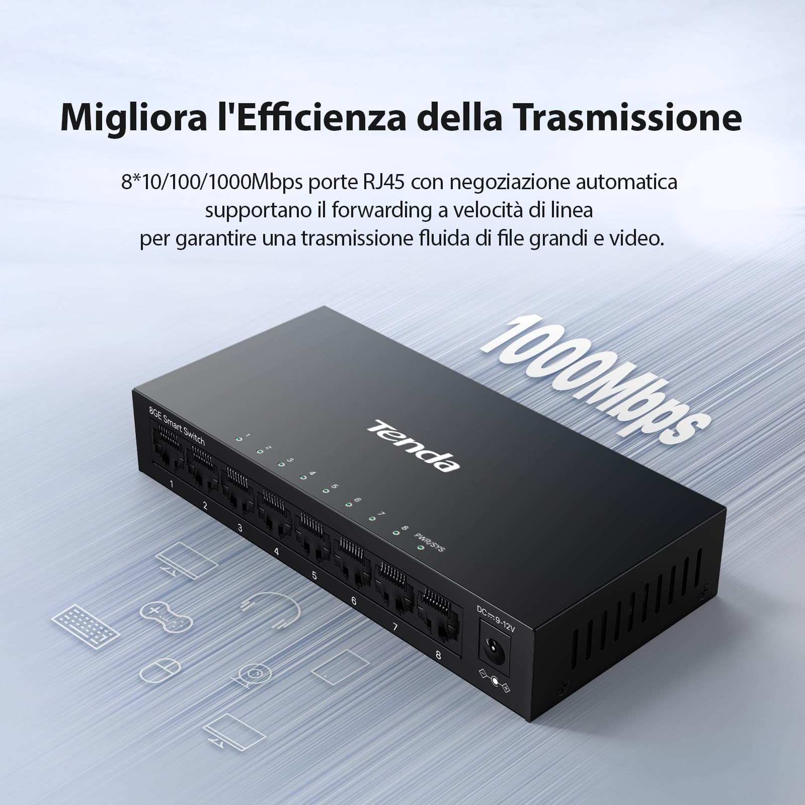 Tenda TEG208E Managed Switch 8 Port Rj45 Gigabit Switch 10/100/1000 Mbps, Smart Switch LAN distributore (IGMP-Snooping, QoS, VLAN, carcassa metallica)