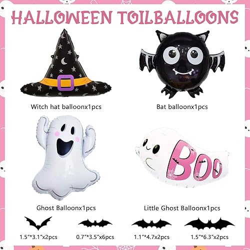 Miniatura 10 de JOGAMS 164 globos metálicos de Halloween morados y verdes con calcomanías de murciélago 3D, globos de fantasma para decoraciones de fiesta temática