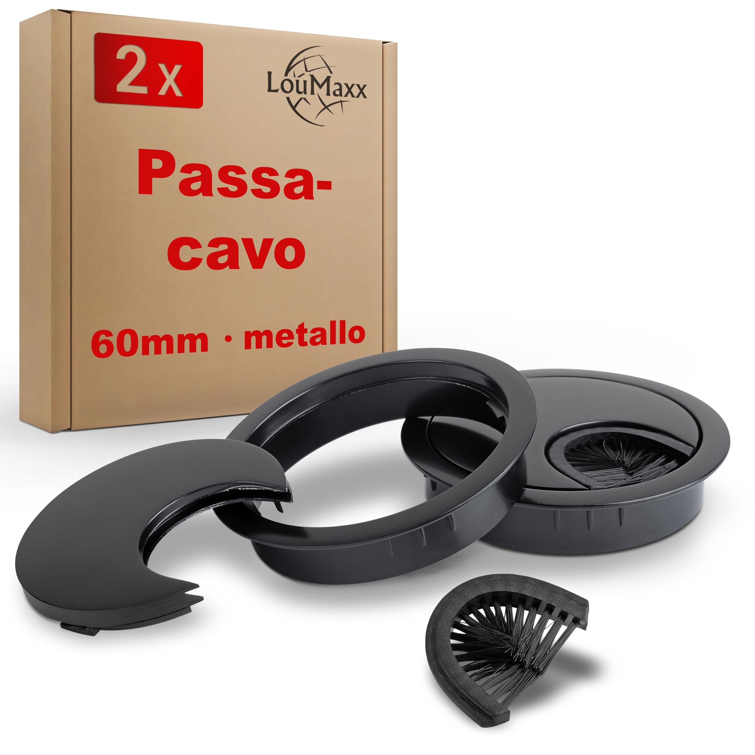 LouMaxx Guidacavi Ø 60 mm – Set di 2 pezzi in metallo nero – passacavi con guarnizione antipolvere – per una maggiore organizzazione