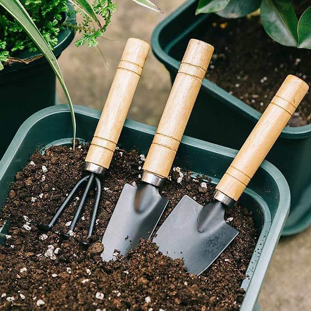 SHENGMEI TIMAX Garden Tool Set 3pcs Mini Garden Shovel Rake Spade Erramientas Bonsai Tools Set Wooden Handle for Flowers Potted Plant Garden Tools