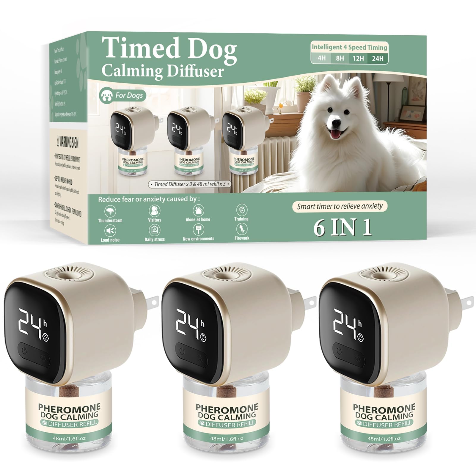 SHANDR Dog Calming Pheromones Diffuser 6 in 1 Appeasing Relaxing Diffuser with Timing Function Pet Kit (3 Plug in +3 Refill 48ml) for Anxiety Relief Reduce Aggression Barking Fighting Stress (Mint)
