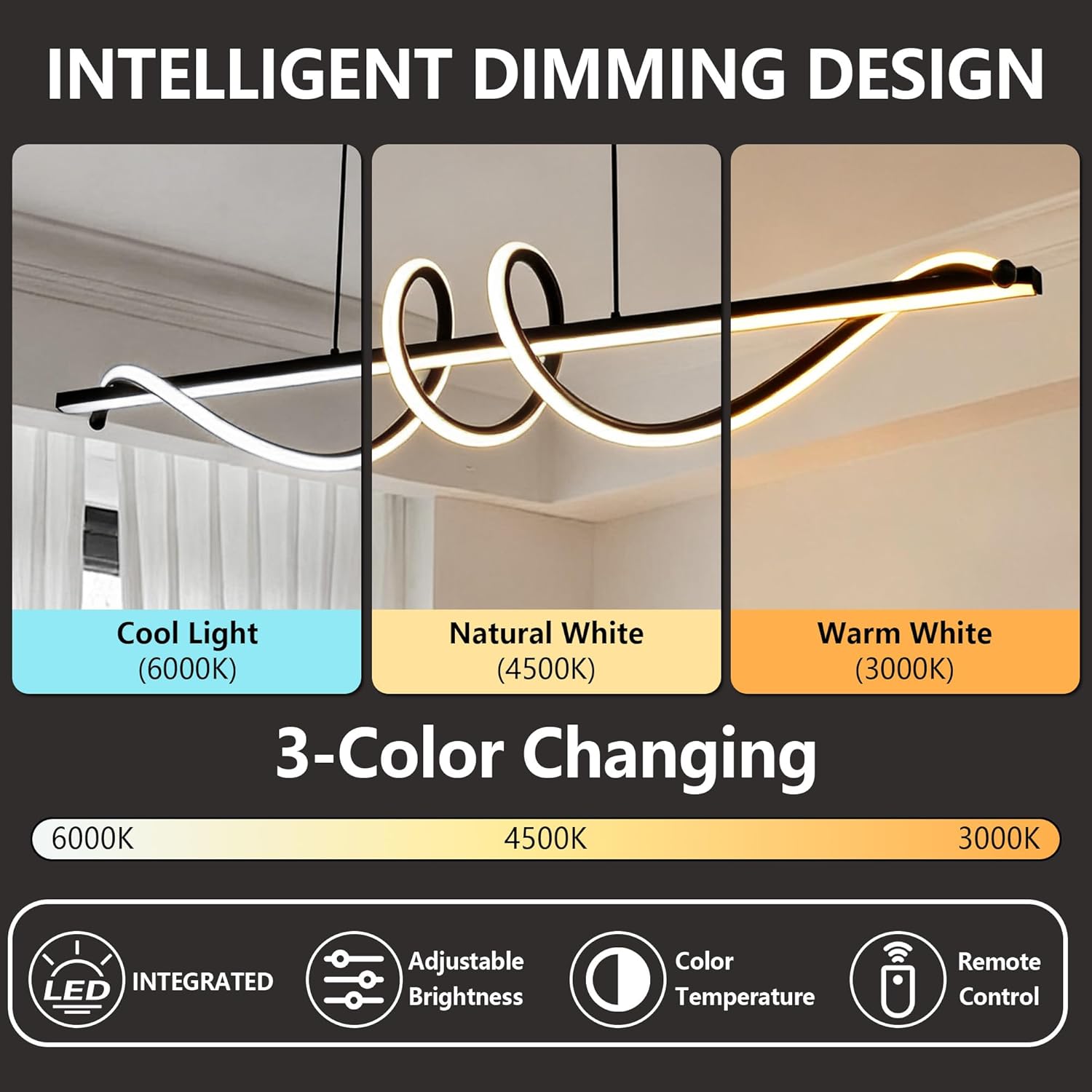 Kitchen Island Light 47.24" Long Led Pendant Light 3000K-6000K Dimmable with Remote Control Hanging Twist Waving Linear Chandelier for Dining Room Living Room