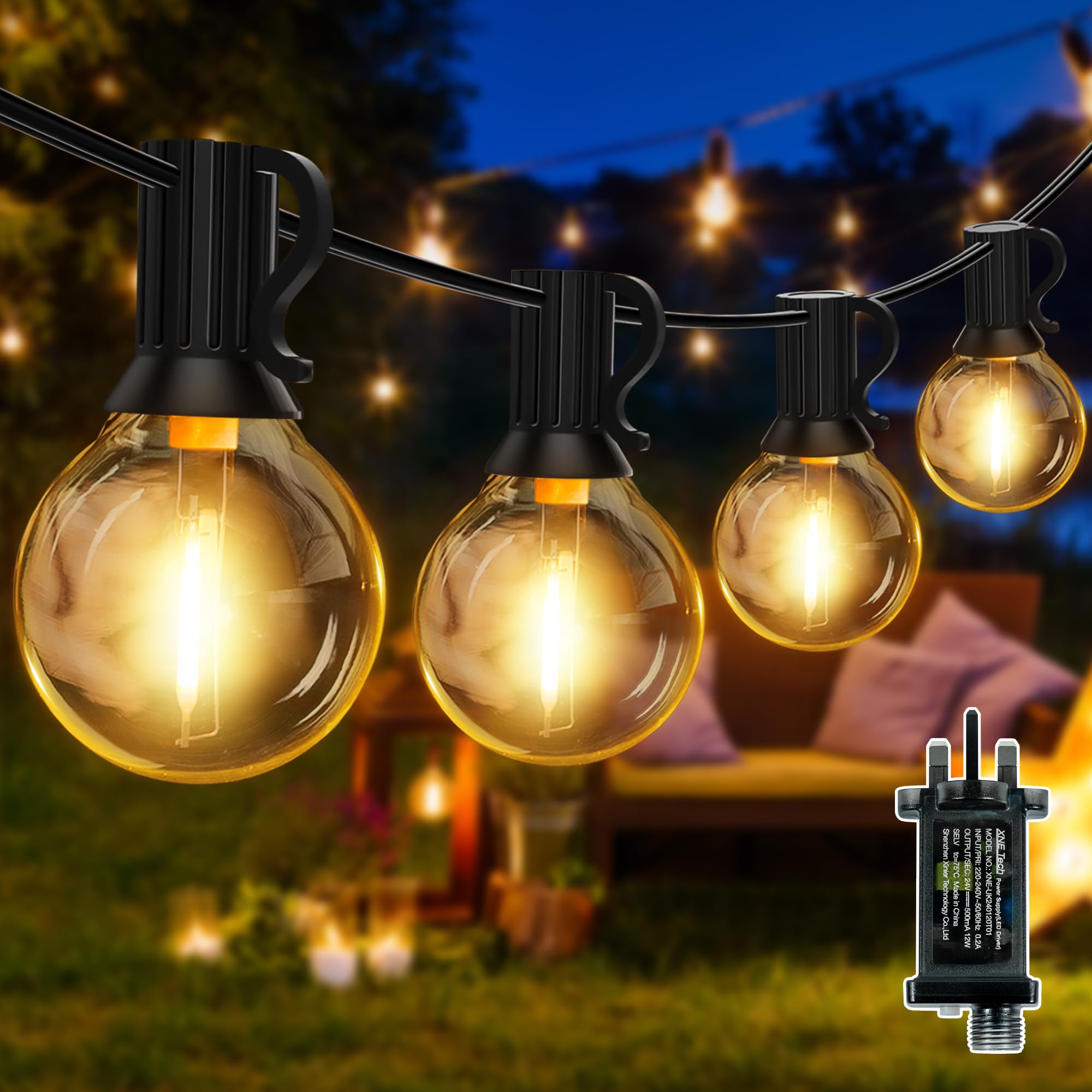 Ollny 30m Outdoor Garden String Lights Mains Powered, LED Festoon Light with 24V Plug/40+2 Shatterproof G40 Bulbs/Hook, Bright Warm White Lighting Hanging for Outside Balcony Gazebo Patio Pergola