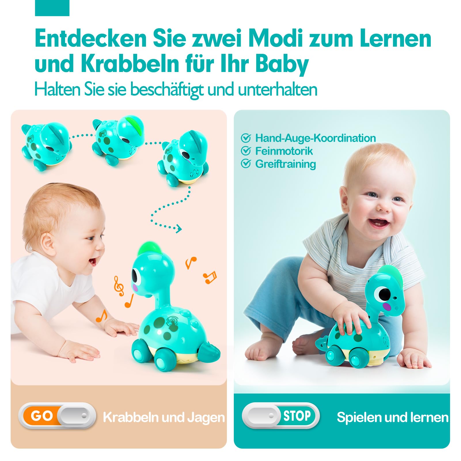 CubicFun Musik Dinosaurier Baby Spielzeug 6 Monate, Krabbelspielzeug mit Licht & Sound, Interaktives Krabbel Dino Spielzeug ab 6 Monate,Tummy Time Toys, Baby Geschenk für 6-12 Monate Junge Mädchen